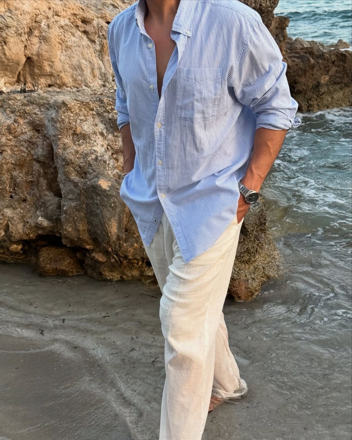 Blue stripe overshirt with cream linen trousers